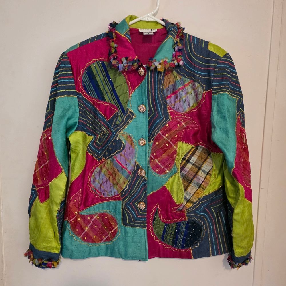Anage Womens Patchwork Jacket Small Boho Embroidered Colorful Art Silk Festival